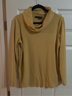 Tahari sweater cowl neck striped gold white comfy cozy soft stretch M